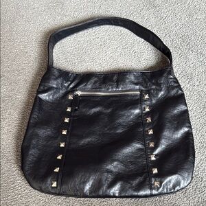 NWOT-Studded Faux Leather Large Black Shoulder Bag/Tote! Silver Tone Hardware.